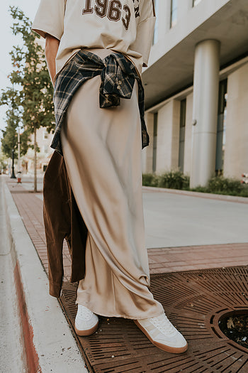 Robbin Satin Maxi Skirt in Tan