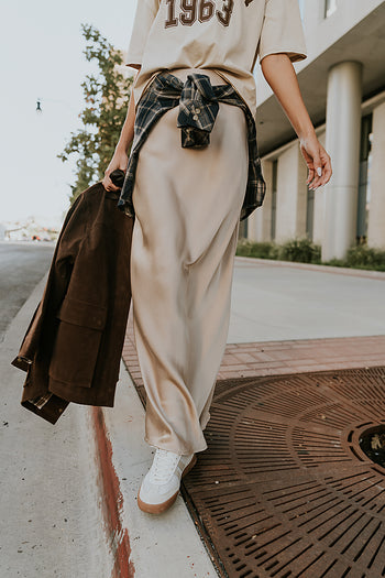 Robbin Satin Maxi Skirt in Tan