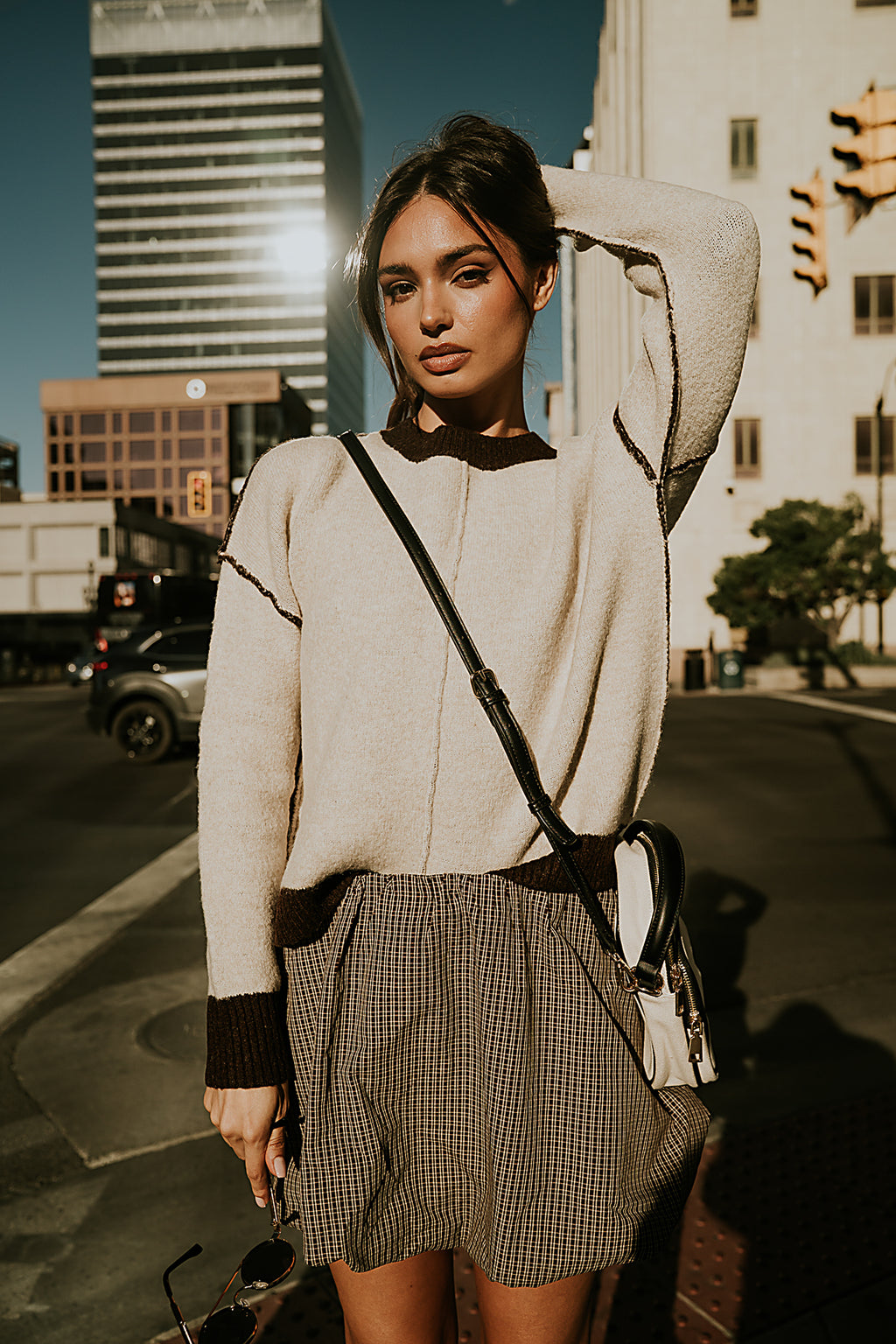 natural sweater with brown hems 