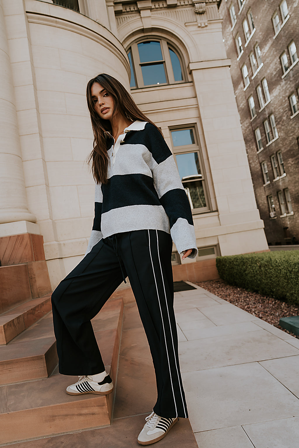 collard striped knit sweater in navy