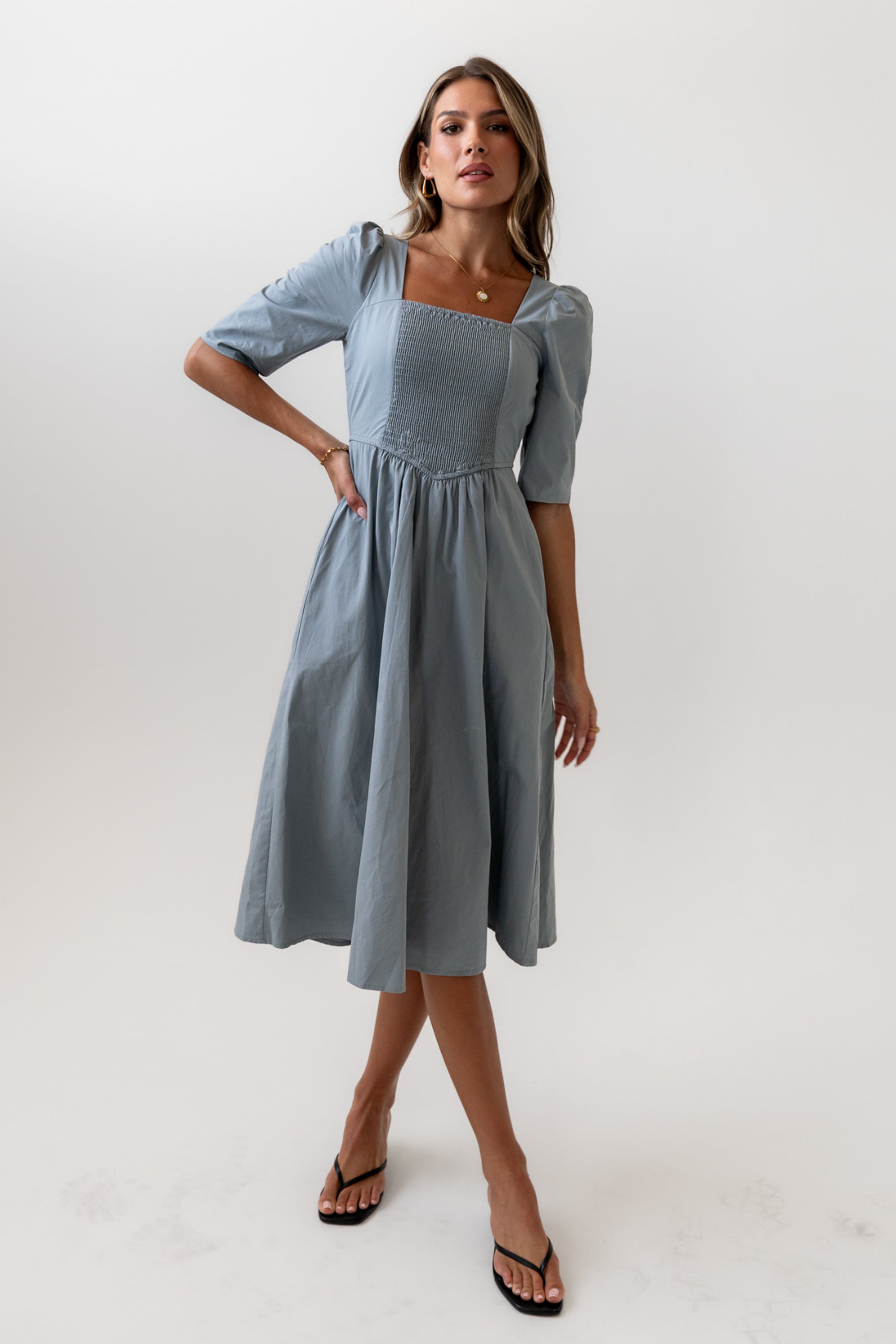 Paisley Smocked Midi Dress in Slate Blue - FINAL SALE Paisley Smocked Midi Dress in Slate Blue - FINAL SALE