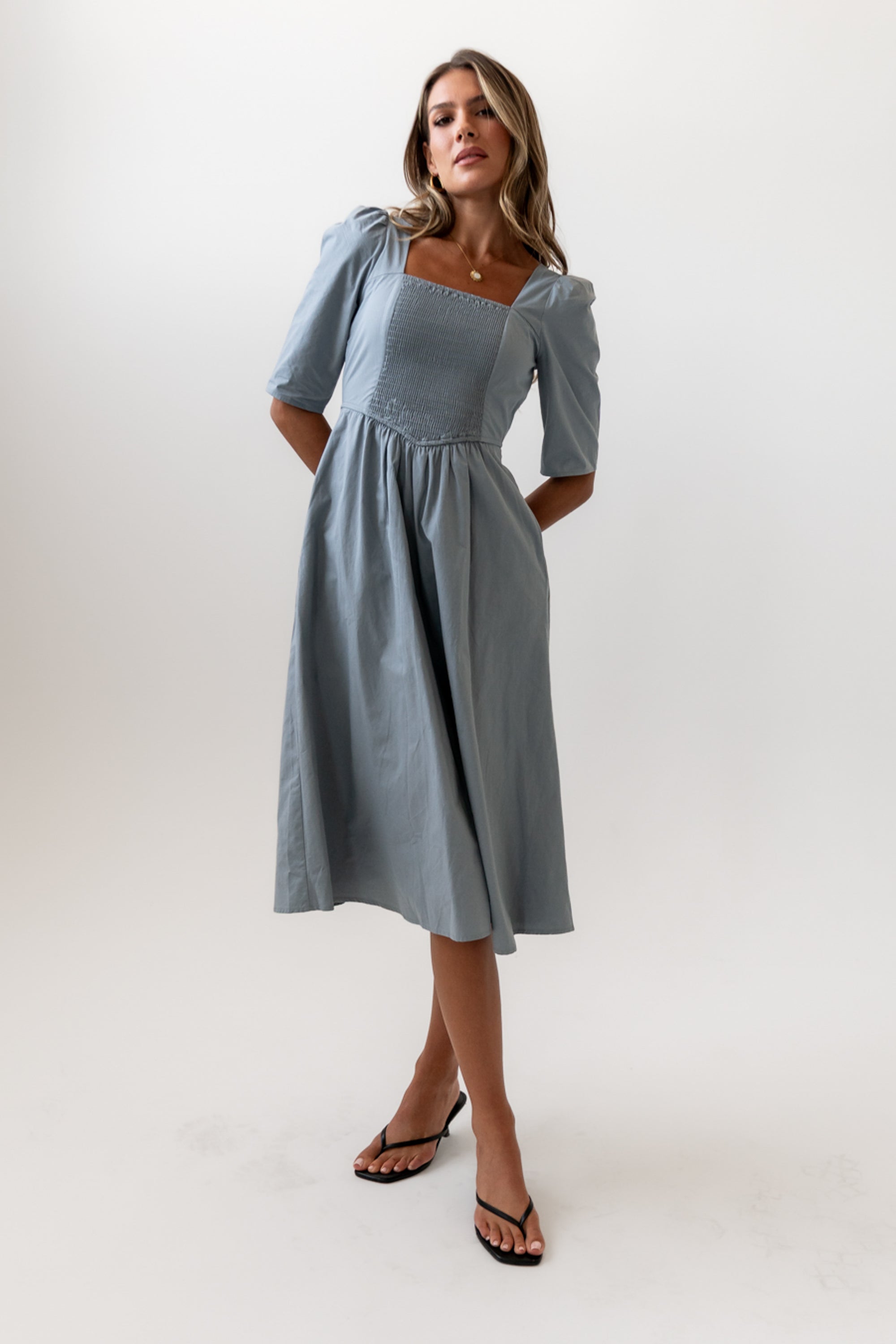 Paisley Smocked Midi Dress in Slate Blue