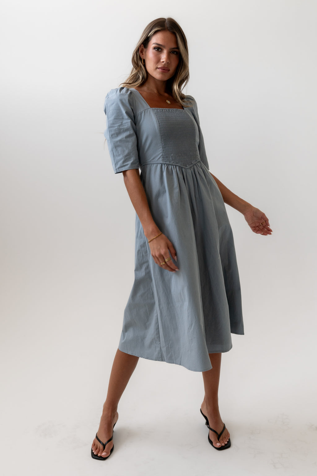 Paisley Smocked Midi Dress in Slate Blue