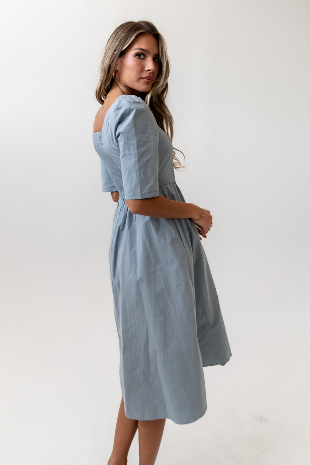 Paisley Smocked Midi Dress in Slate Blue