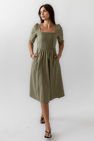 Paisley Smocked Midi Dress in Sage