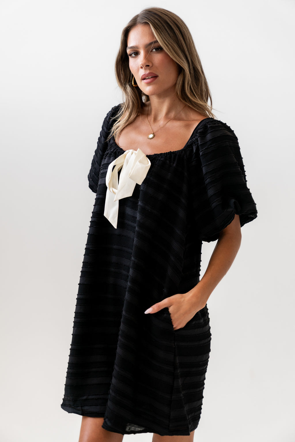 Minnie Textured Baby Doll Dress in Black