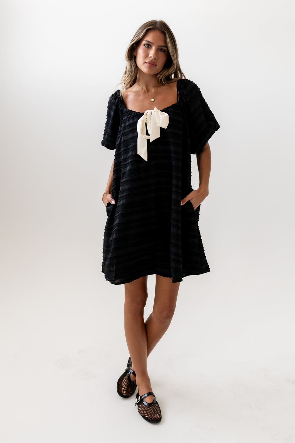 Minnie Textured Baby Doll Dress in Black