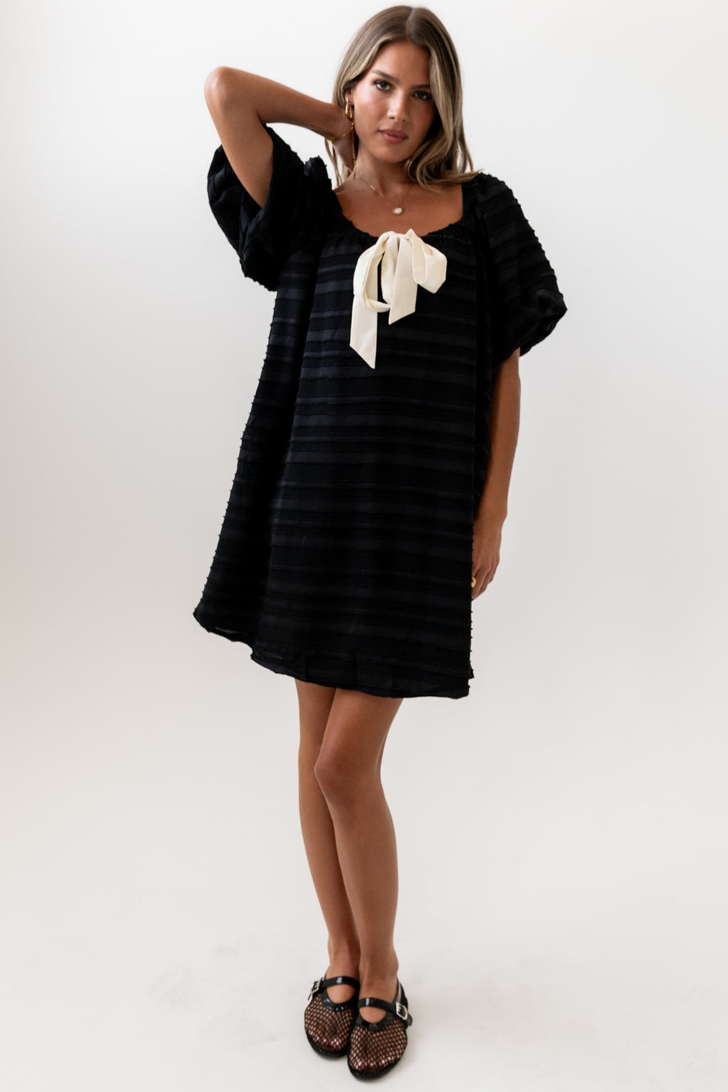 Minnie Textured Baby Doll Dress in Black