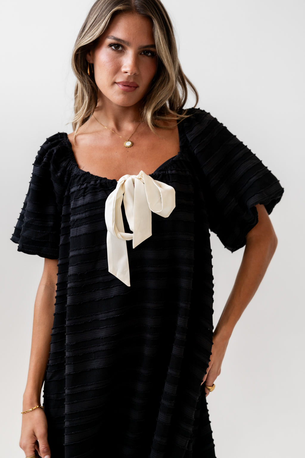 Minnie Textured Baby Doll Dress in Black