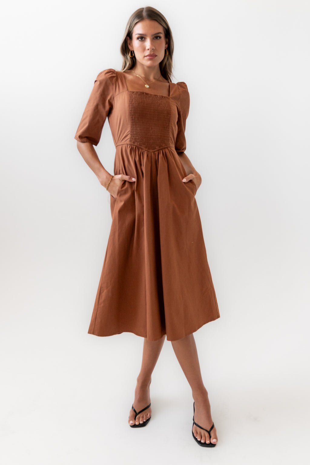 Smocked Midi Dress in Rust