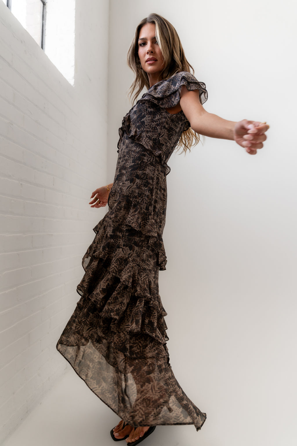 grey ruffle dress Women's Gray Ruffle-Trimmed Dress with Tie Shoulder Straps