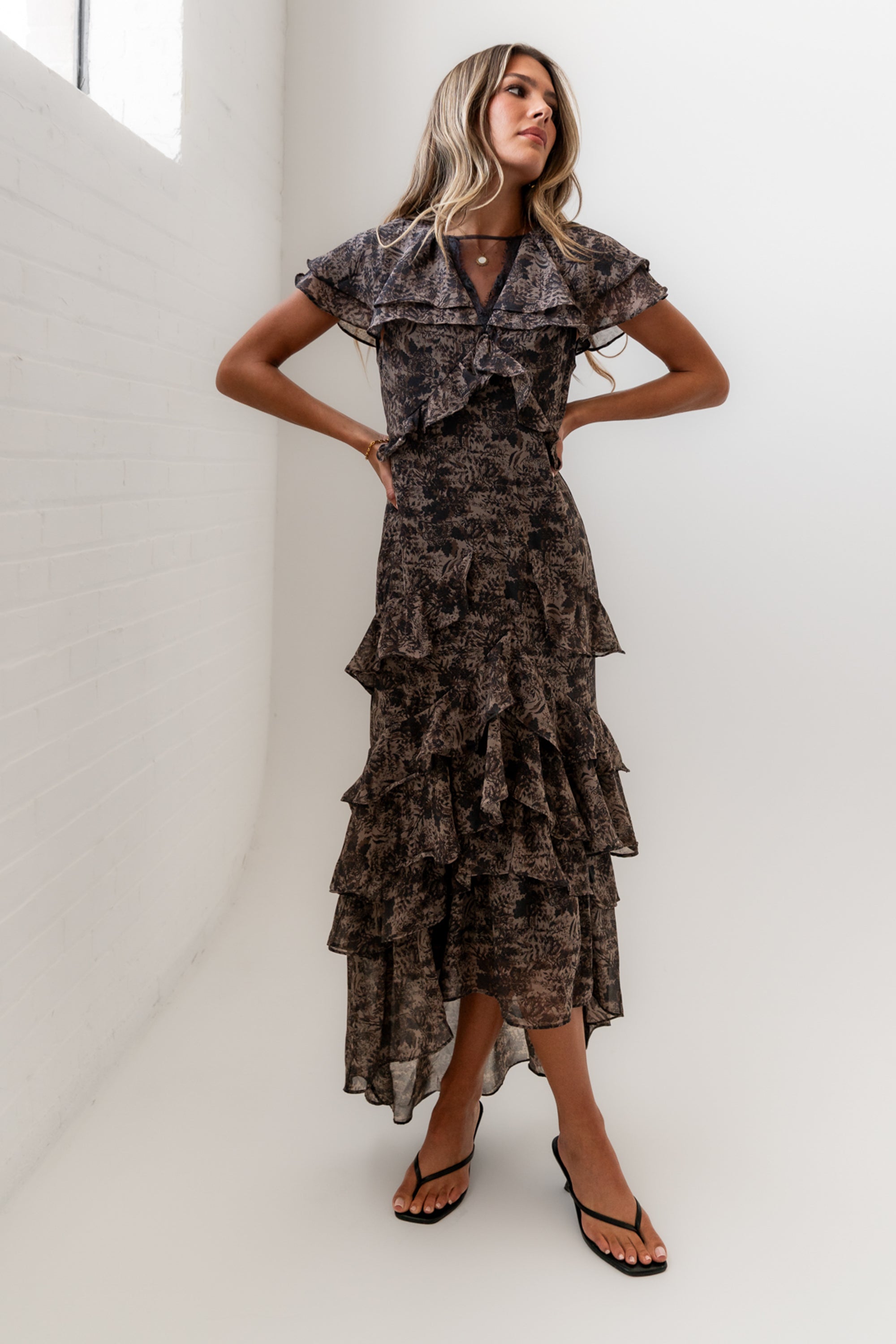 slim fit dress slacks CITY LIGHTS RUFFLE MAXI DRESS – AKIRA main image 1
