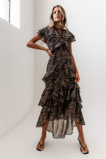 James Ruffle Maxi Dress in Grey