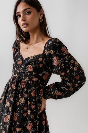 BLACK LONG SLEEVE FLORAL SKIRT