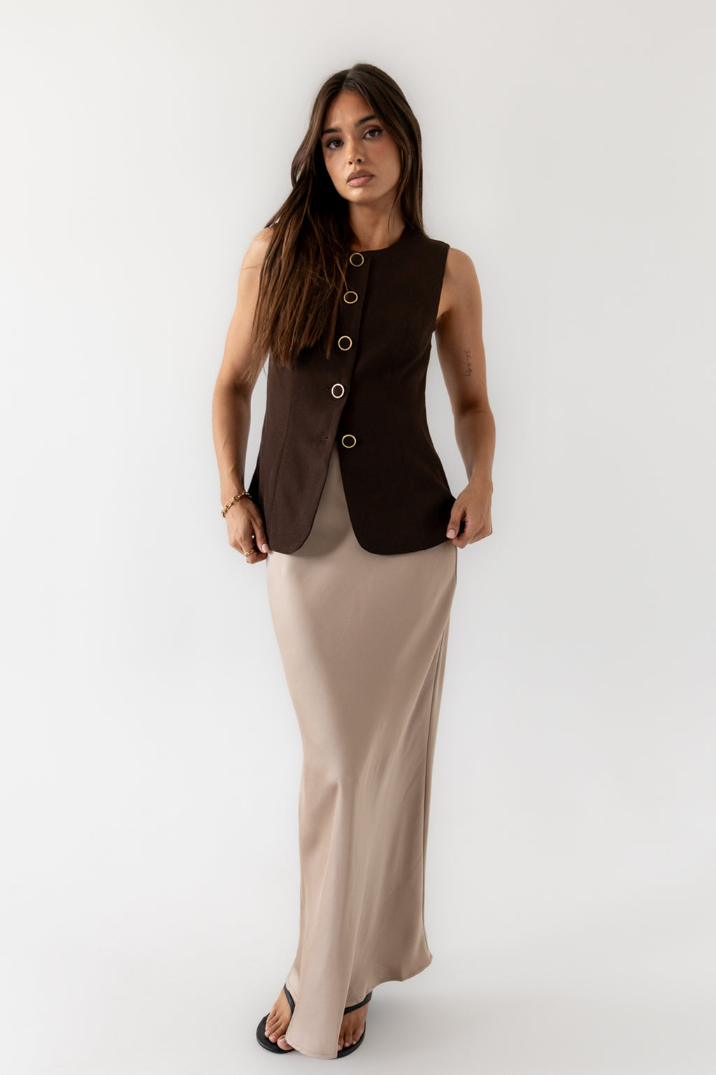 Robbin Satin Maxi Skirt in Tan