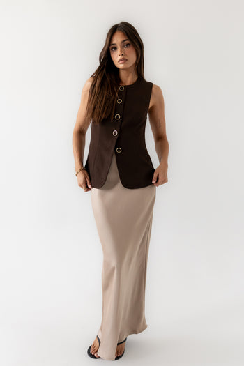 Robbin Satin Maxi Skirt in Tan