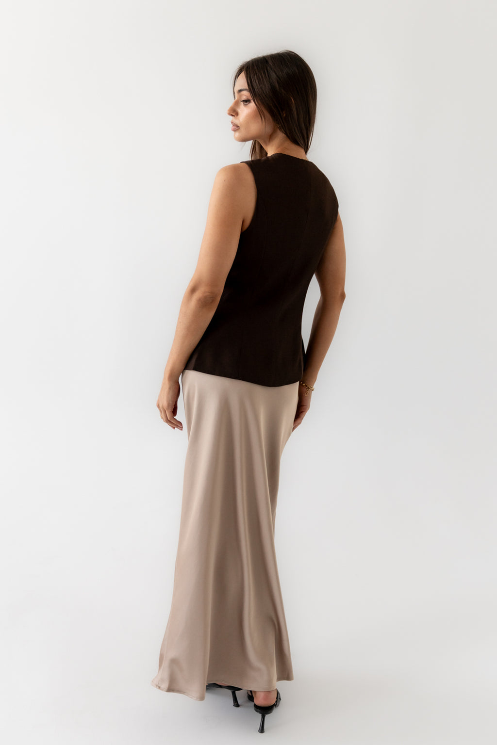 Robbin Satin Maxi Skirt in Tan
