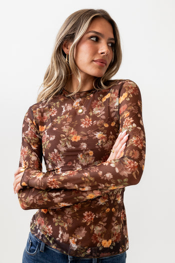 BROWN Floral Mesh Top