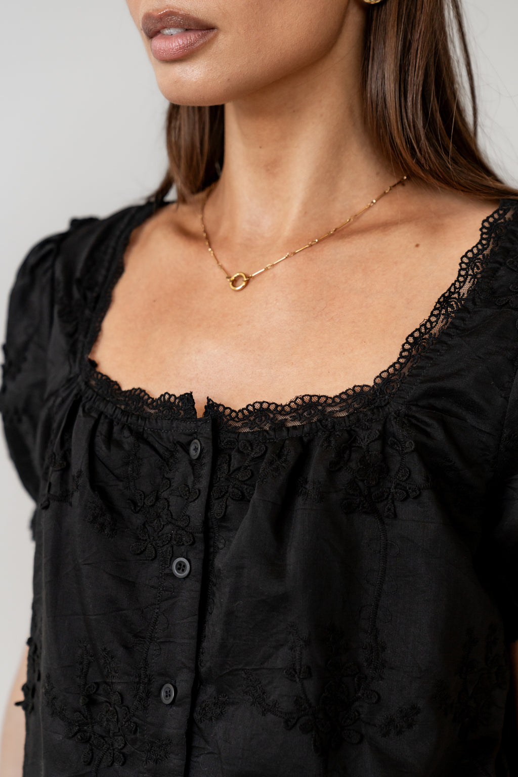 lace trim round the neckline 