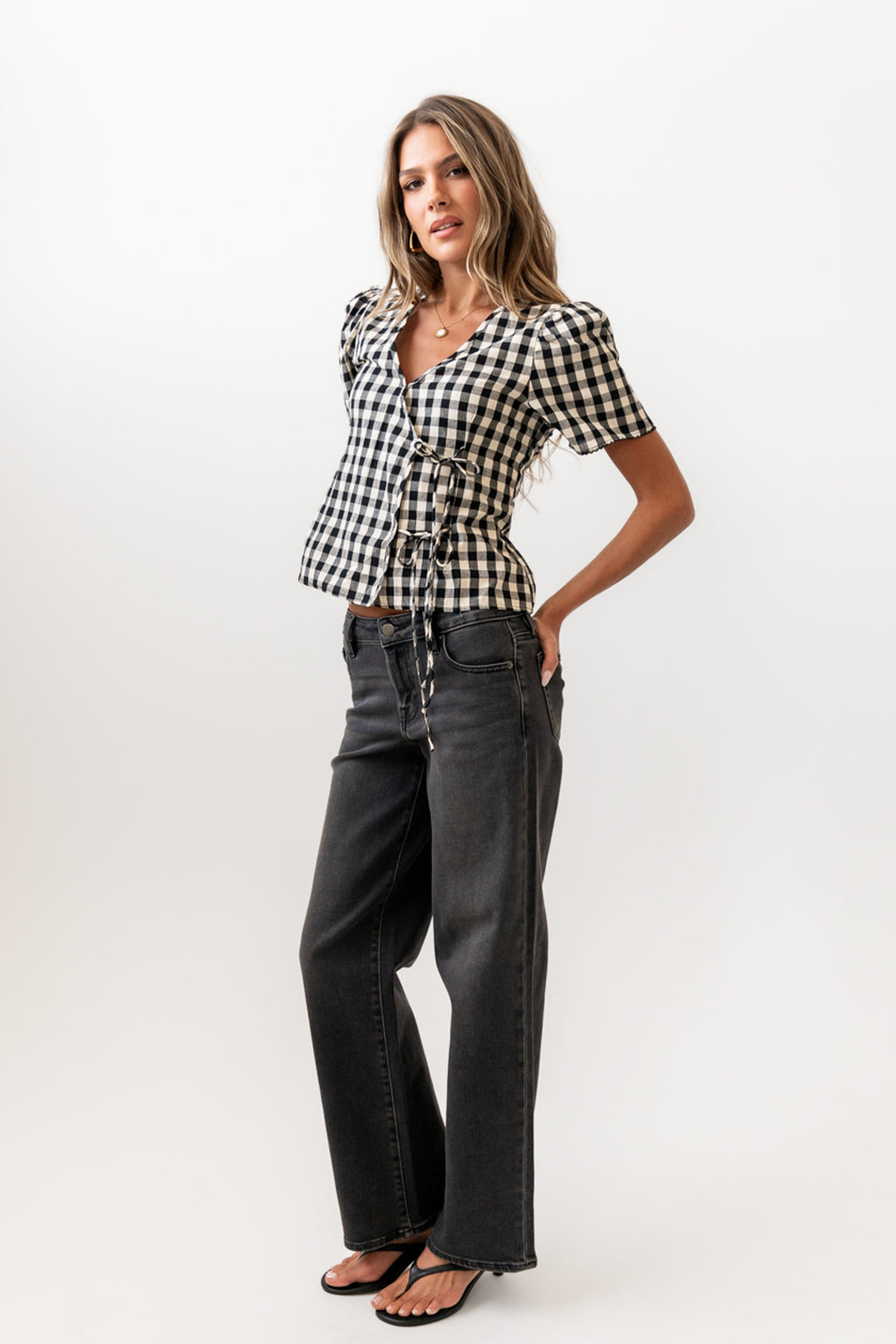 gingham top with side tie closures 