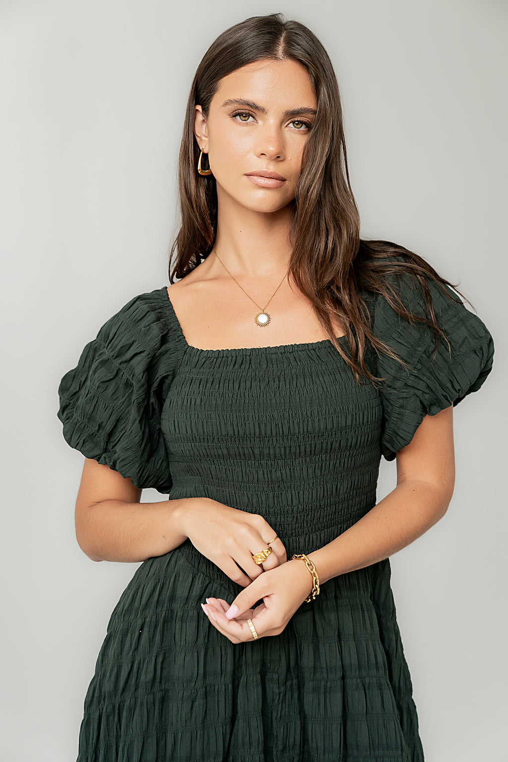 dark green smocked dress ADELIA smocked dress in Leaf Green Elegantees