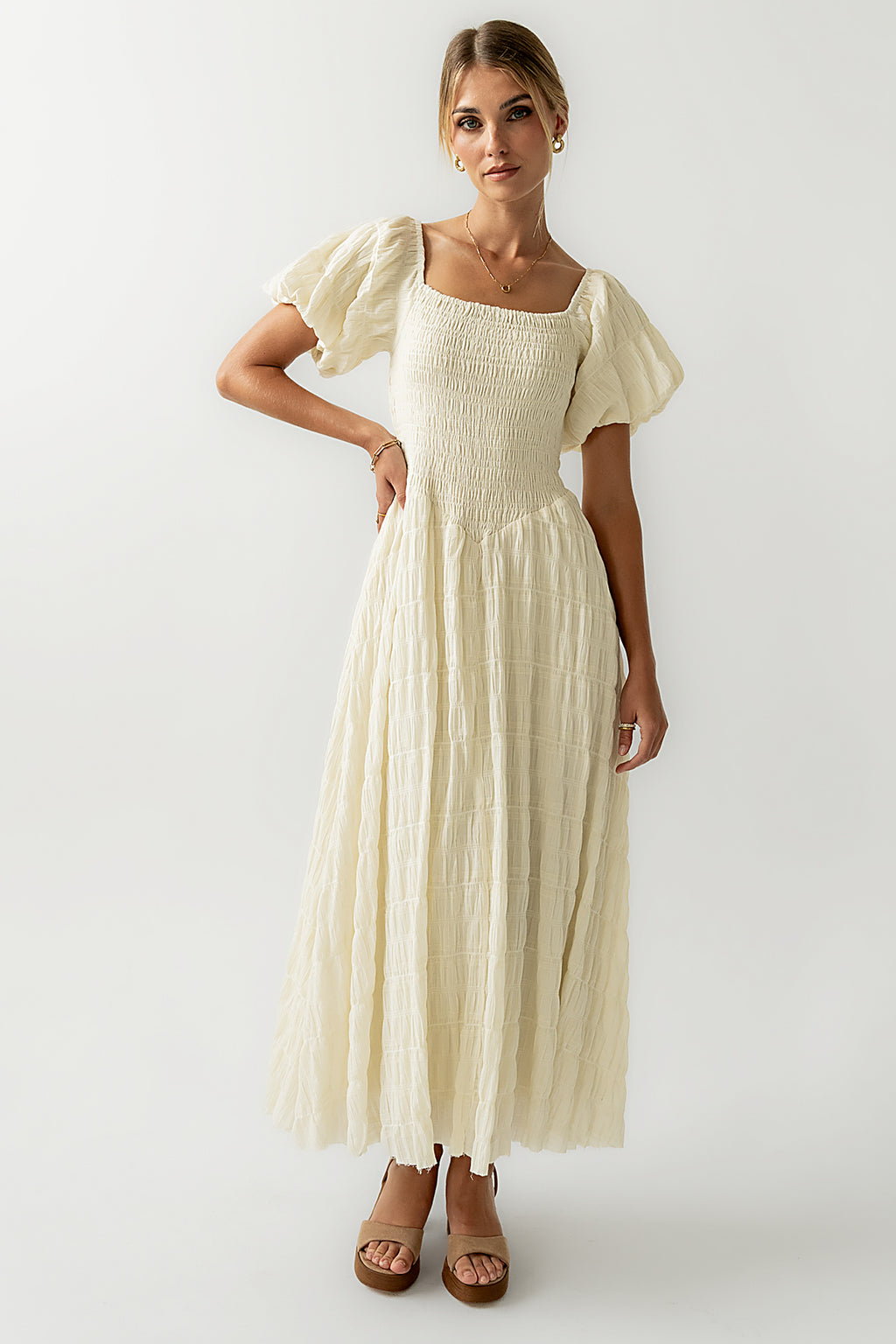 Beckie Smocked Maxi Dress in Off White - FINAL SALE