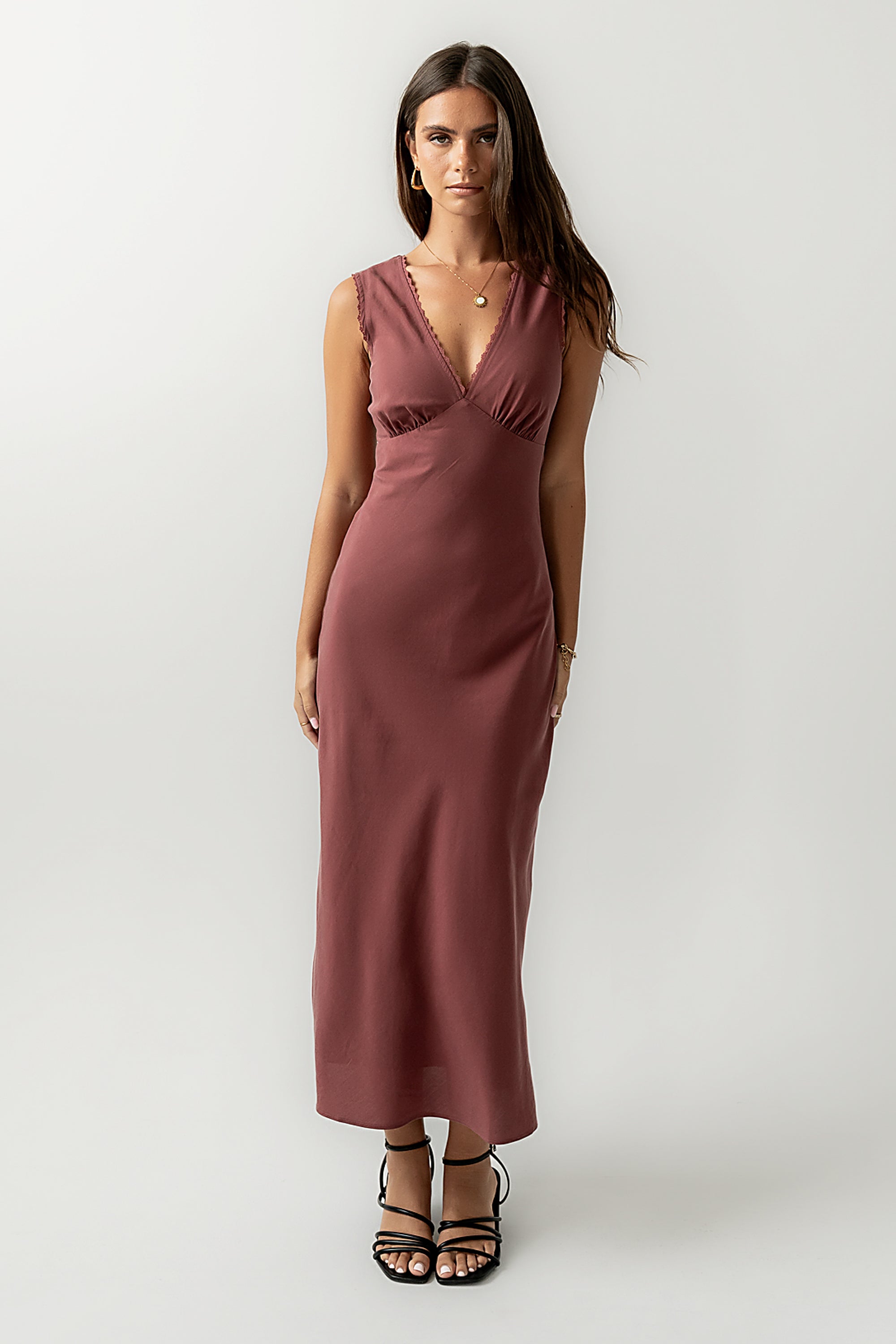 slim fit dress slacks Hailey Lace Trim Maxi Dress in Marsala