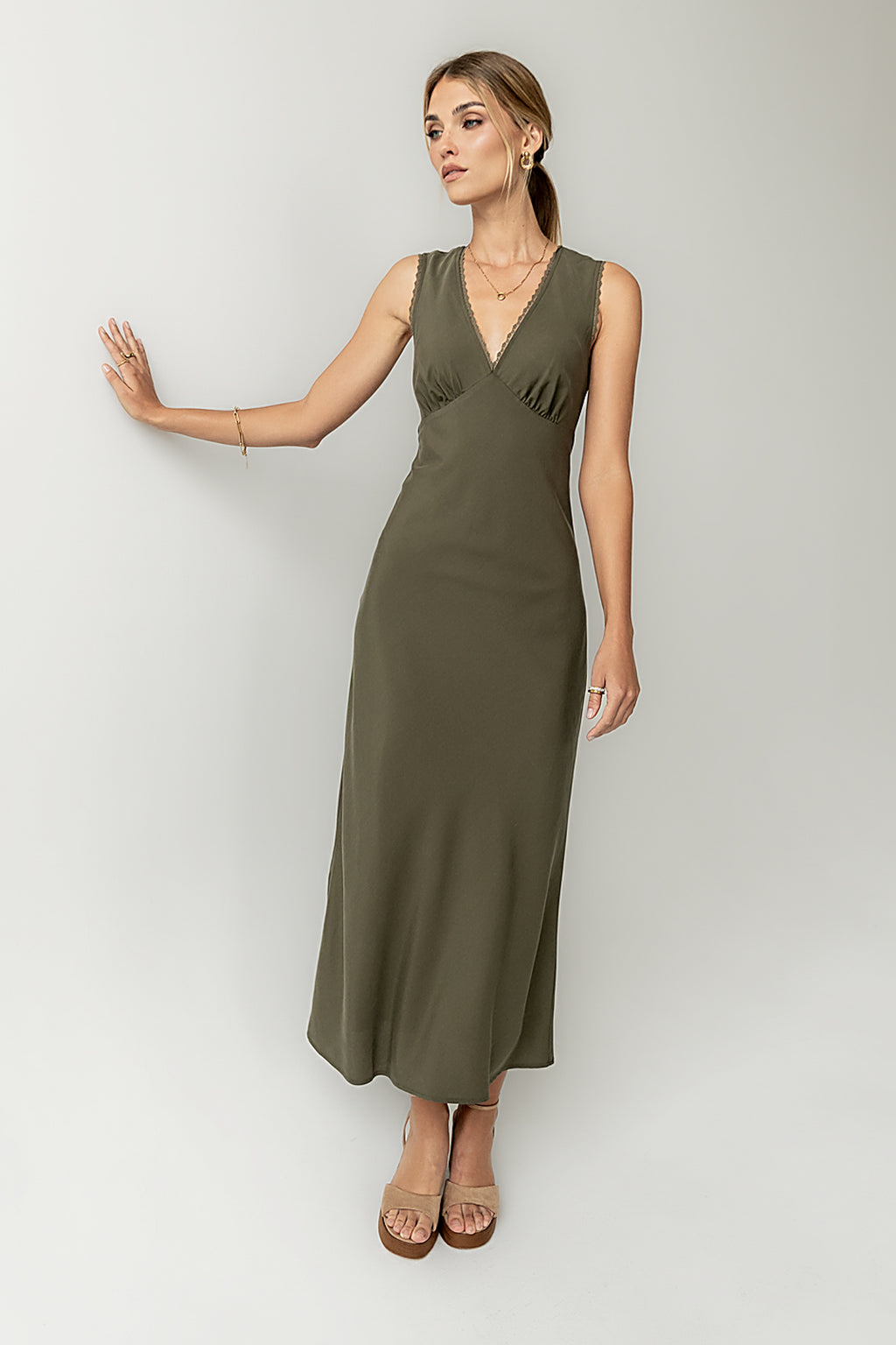 Hailey Lace Trim Maxi Dress in Olive