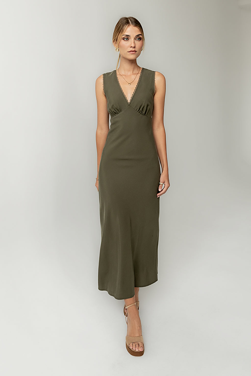 Hailey Lace Trim Maxi Dress in Olive