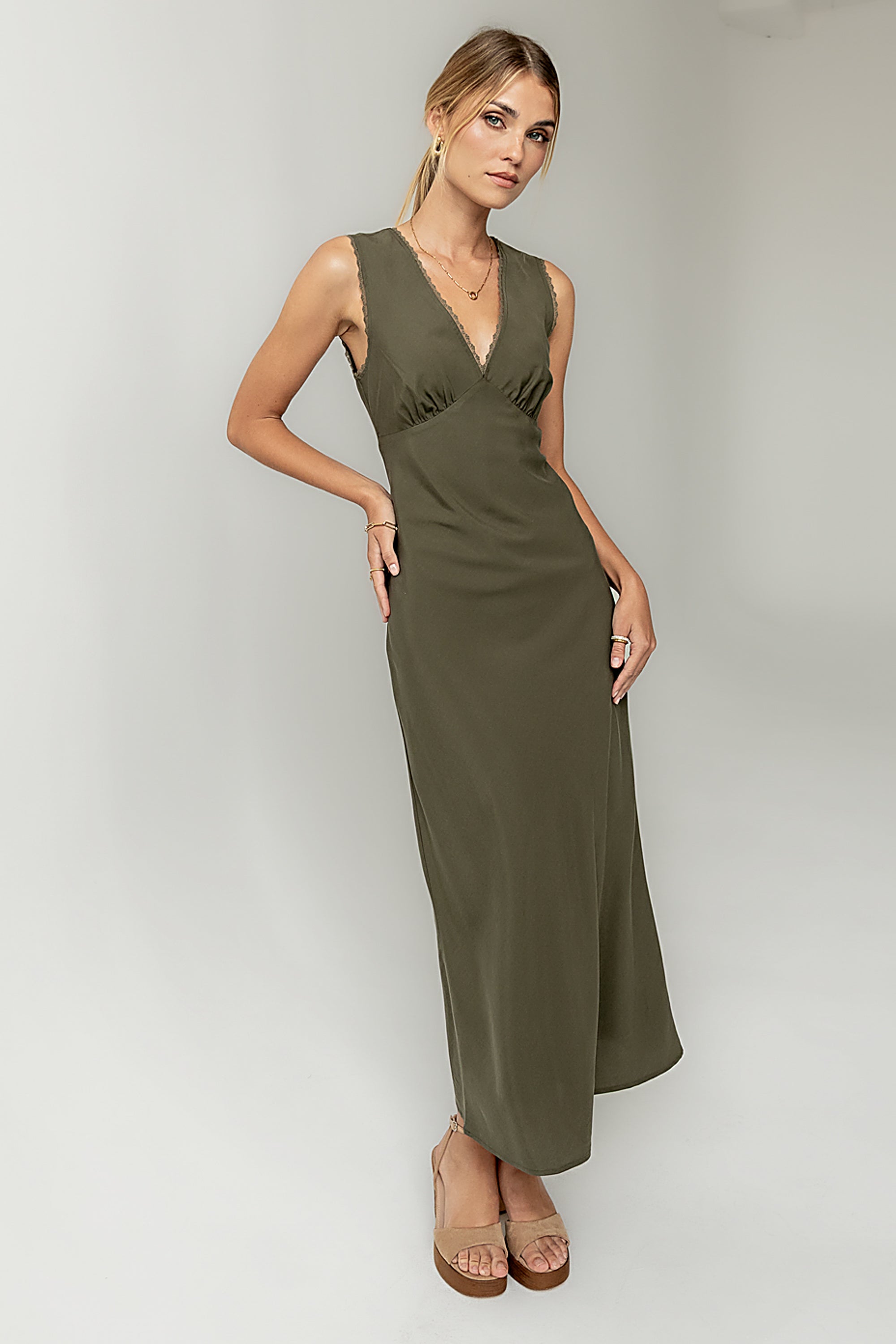olive green long dress Olive Green Prom Dresses Appliques V Neck Split main image 1