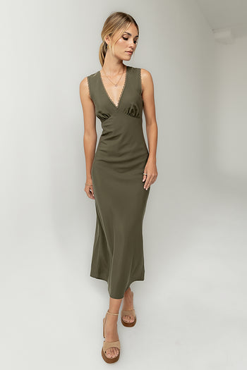 Hailey Lace Trim Maxi Dress in Olive
