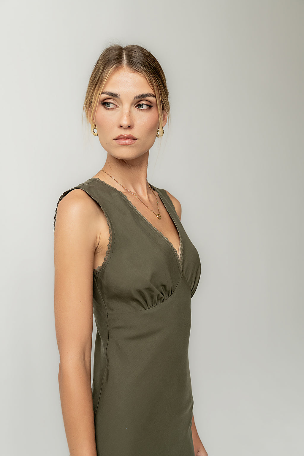 Hailey Lace Trim Maxi Dress in Olive