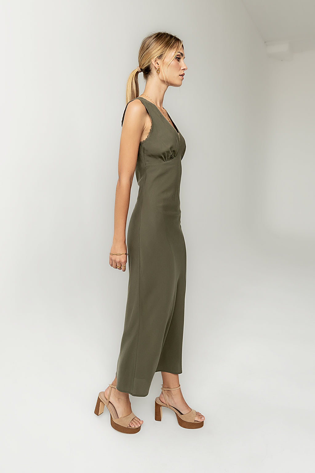 Hailey Lace Trim Maxi Dress in Olive