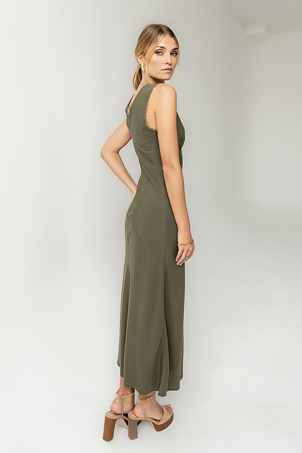 Hailey Lace Trim Maxi Dress in Olive