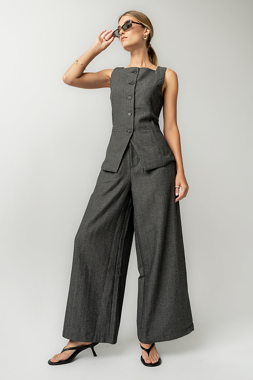 Arden Herringbone Wide Leg Trousers