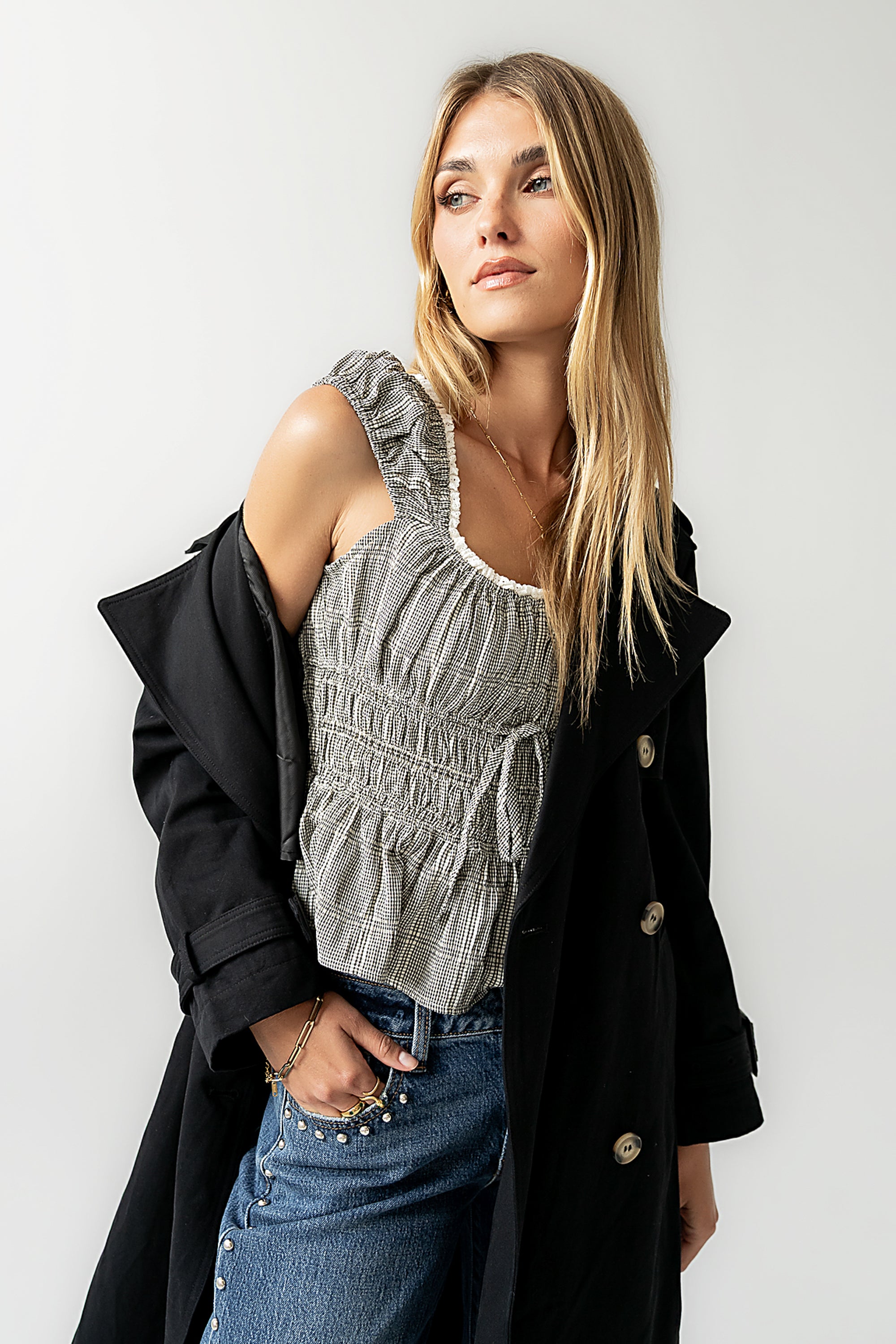 bohemseo レイヤードトラックタンクトップシズニルック ブラック Naya Gingham Tank Top in Black