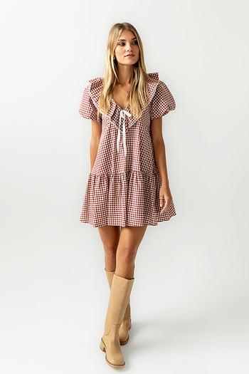 Tony Gingham Baby Doll Dress in Burgundy