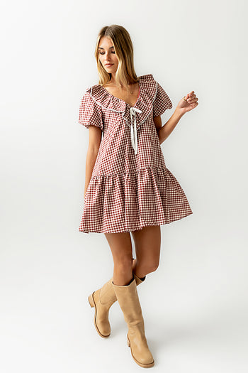 Tony Gingham Baby Doll Dress in Burgundy