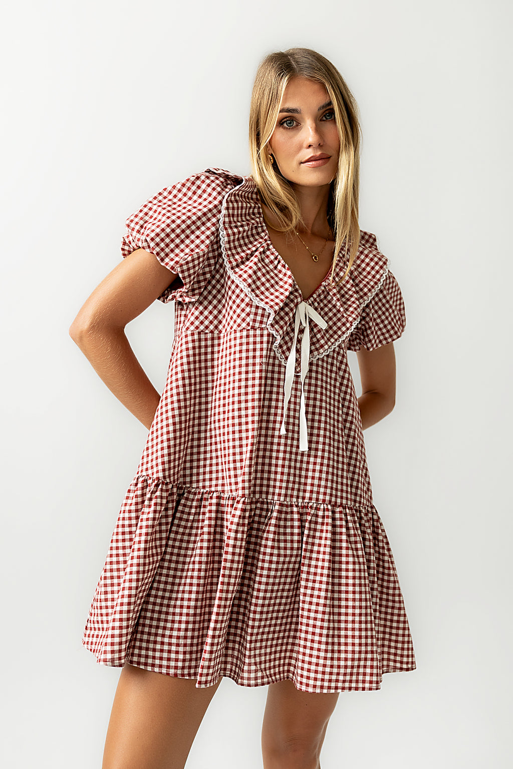 Tony Gingham Baby Doll Dress in Burgundy