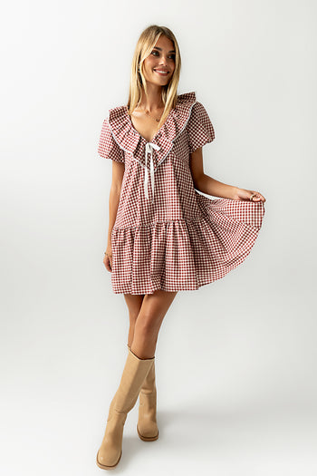 Tony Gingham Baby Doll Dress in Burgundy