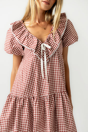 Tony Gingham Baby Doll Dress in Burgundy