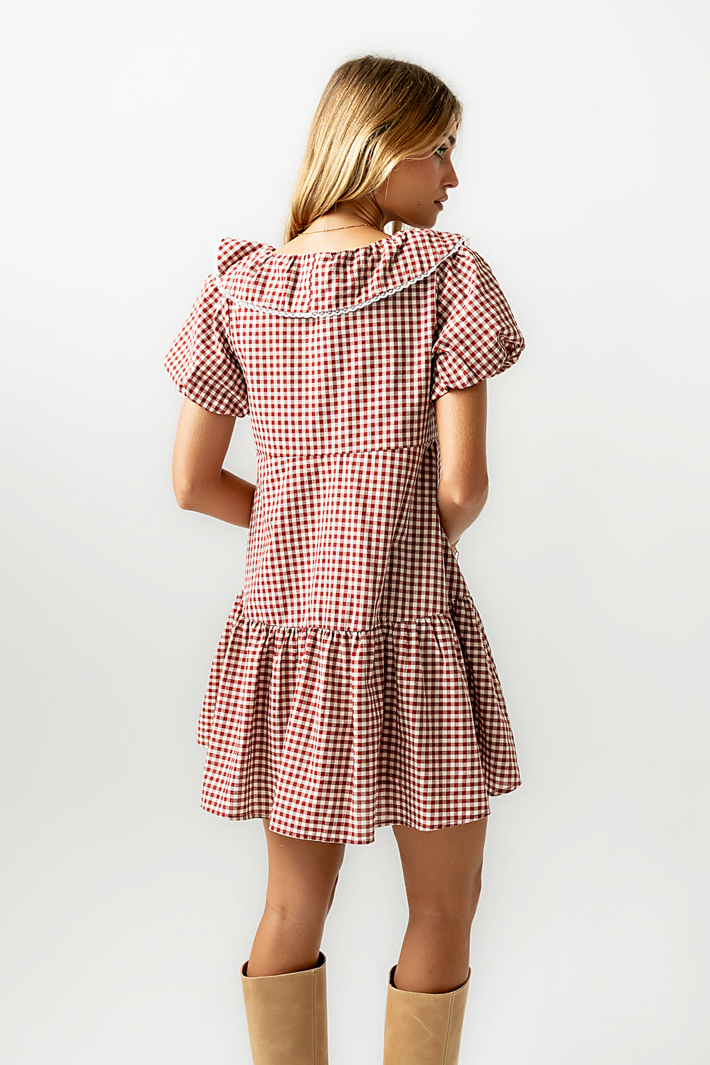 Tony Gingham Baby Doll Dress in Burgundy