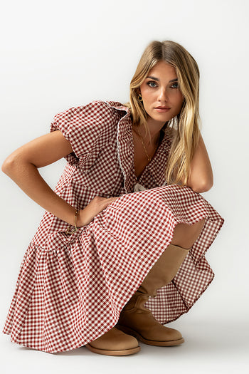 Tony Gingham Baby Doll Dress in Burgundy