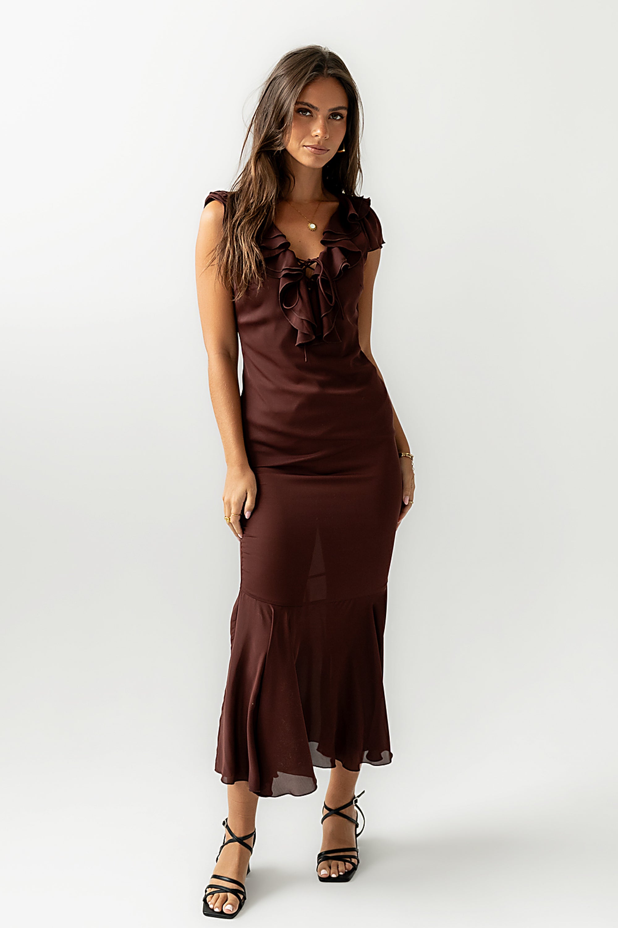 Reese Ruffle Maxi Dress in Red-Brown - FINAL SALE Reese Ruffle Maxi Dress in Red-Brown - FINAL SALE