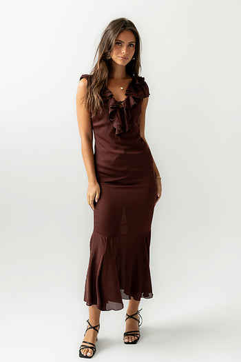 Reese Ruffle Maxi Dress in Red-Brown - FINAL SALE