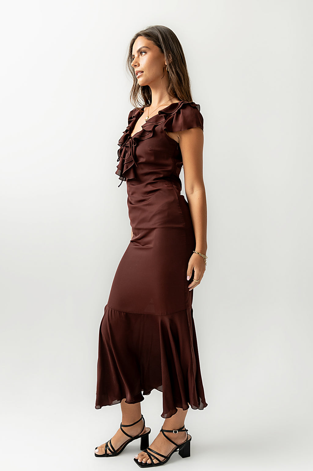 Reese Ruffle Maxi Dress in Red-Brown - FINAL SALE