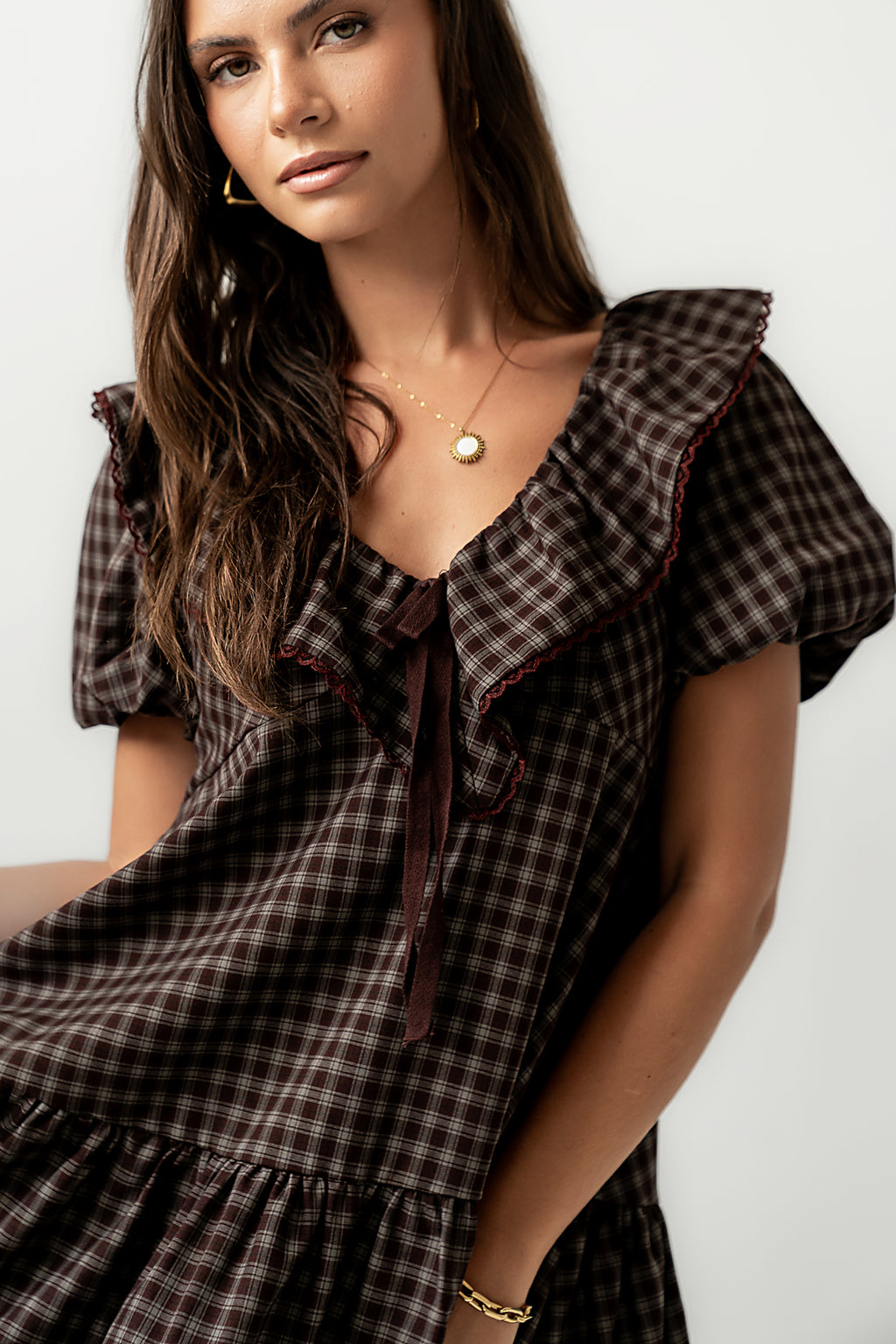 Tony Gingham Baby Doll Dress in Brown - FINAL SALE Tony Gingham Baby Doll Dress in Brown - FINAL SALE