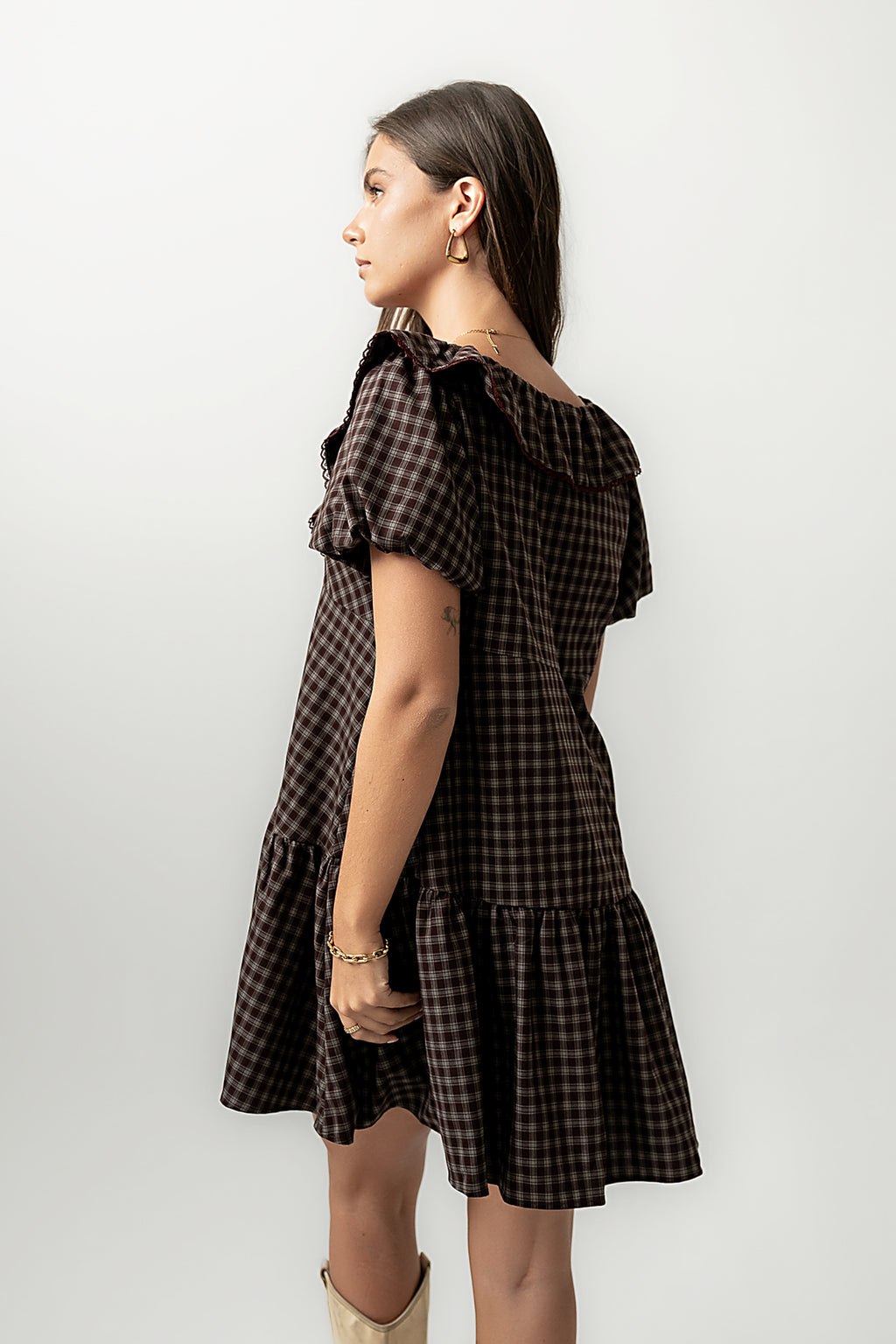 Tony Gingham Baby Doll Dress in Brown - FINAL SALE Tony Gingham Baby Doll Dress in Brown - FINAL SALE