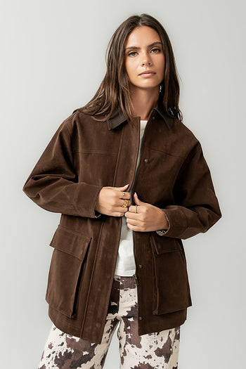 Carly Vegan Leather Jacket in Brown