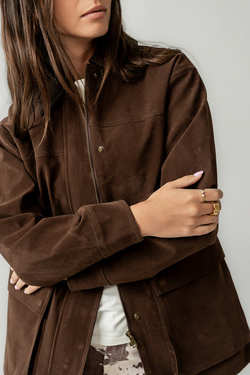 Carly Vegan Leather Jacket in Brown